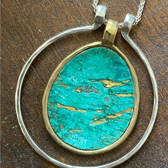 Silpada .925 Sterling Silver and Hammered Gold and Turquoise Necklace - Picture 3 of 5